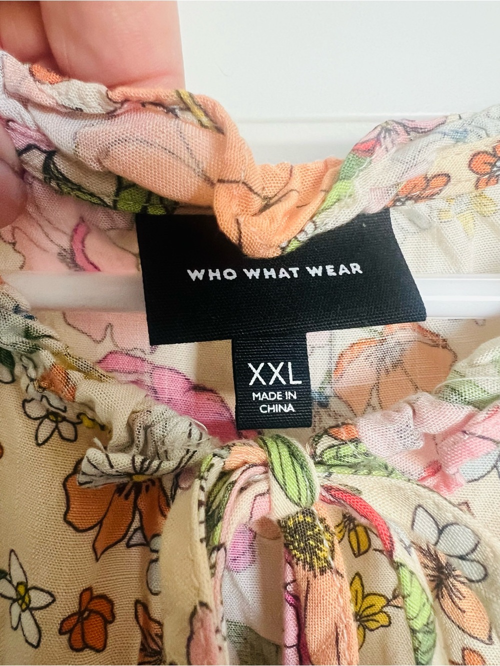 Who What Wear Cream Floral Tie-Neck Dress with Pink, Green & Orange Accents - Picture 3 of 6